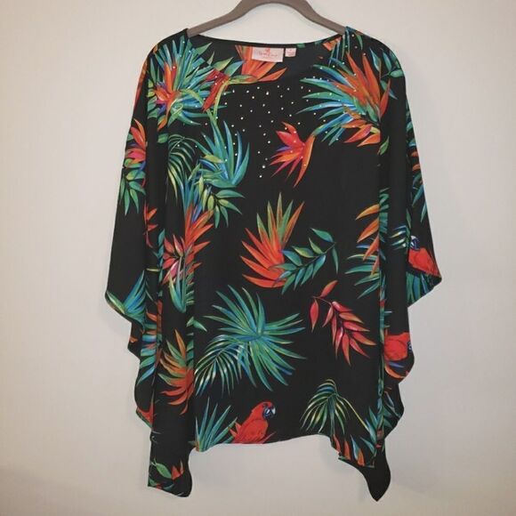 QUACKER FACTORY TROPICAL PARROT BATWING BLOUSE WITH RHINESTONES SIZE SMALL - Picture 1 of 5